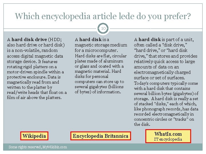 Which encyclopedia article lede do you prefer? 10 A hard disk drive (HDD; also