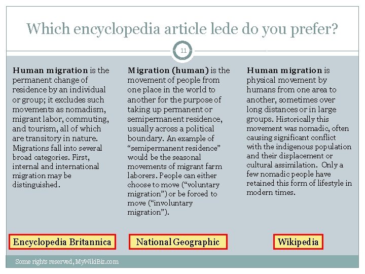 Which encyclopedia article lede do you prefer? 11 Human migration is the permanent change