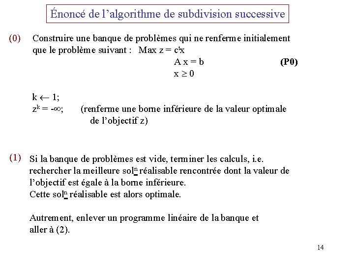 Énoncé de l’algorithme de subdivision successive (0) Construire une banque de problèmes qui ne