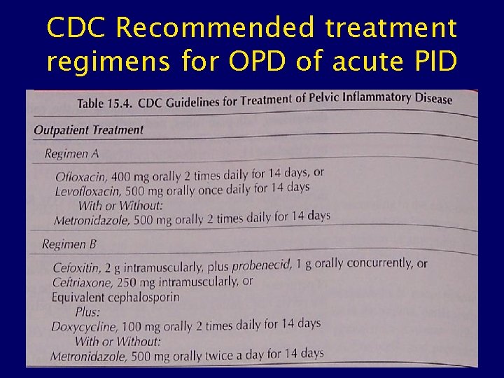 CDC Recommended treatment regimens for OPD of acute PID 