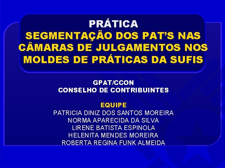 PRÁTICA SEGMENTAÇÃO DOS PAT’S NAS C MARAS DE JULGAMENTOS NOS MOLDES DE PRÁTICAS DA