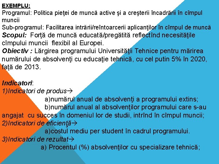 EXEMPLU: Programul: Politica pieţei de muncă active şi a creşterii încadrării în cîmpul muncii