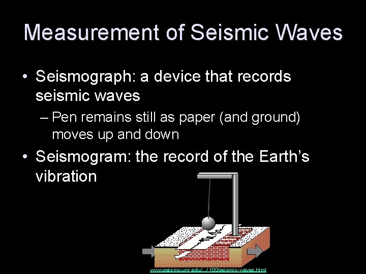 Measurement of Seismic Waves • Seismograph: a device that records seismic waves – Pen