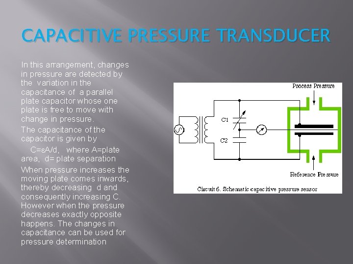 CAPACITIVE PRESSURE TRANSDUCER In this arrangement, changes in pressure are detected by the variation