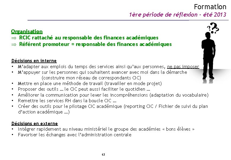 Formation 1ère période de réflexion - été 2013 Organisation Þ RCIC rattaché au responsable