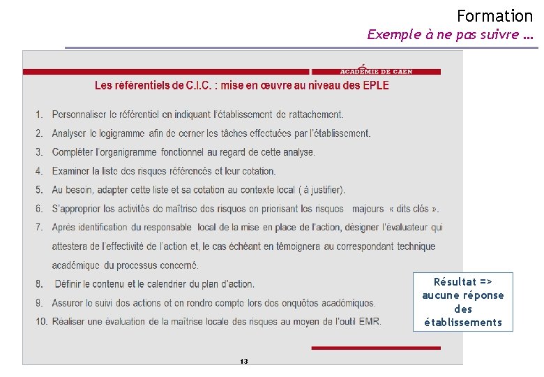 Formation Exemple à ne pas suivre … Résultat => aucune réponse des établissements 13