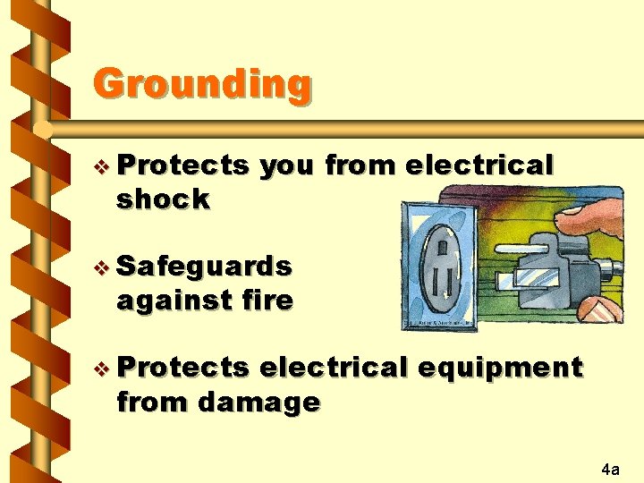 Grounding v Protects shock you from electrical v Safeguards against fire v Protects electrical
