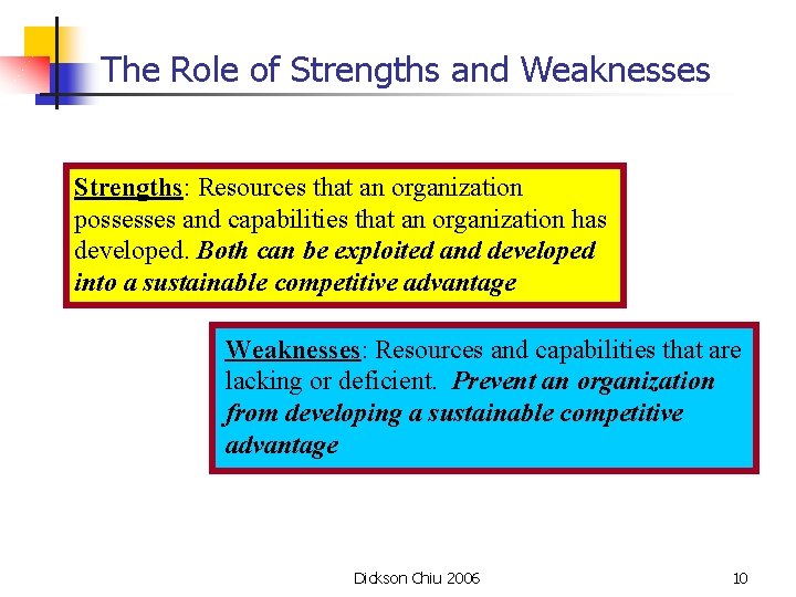 The Role of Strengths and Weaknesses Strengths: Resources that an organization possesses and capabilities