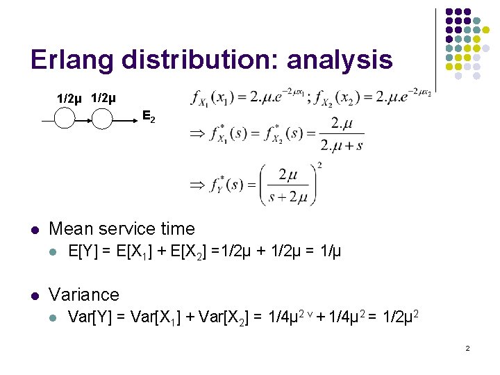 Erlang distribution: analysis 1/2μ E 2 l Mean service time l l E[Y] =