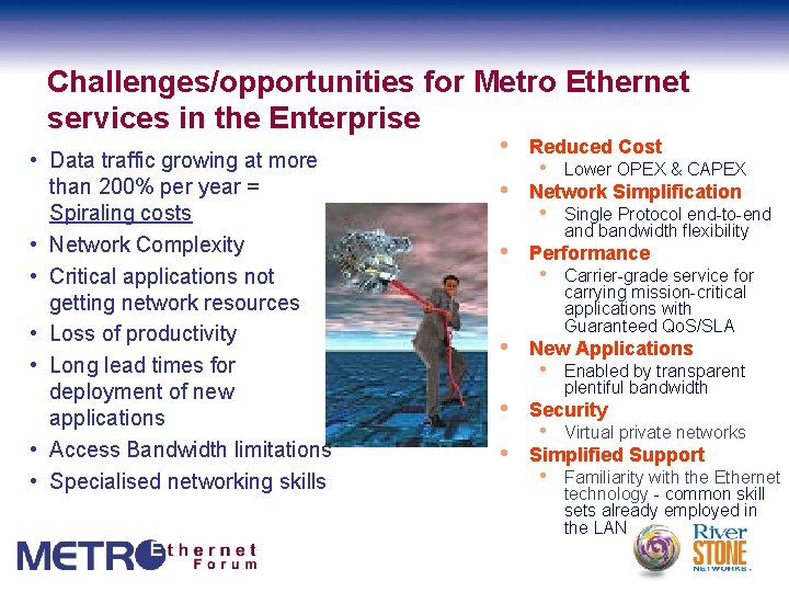 Challenges/opportunities for Metro Ethernet services in the Enterprise • Data traffic growing at more