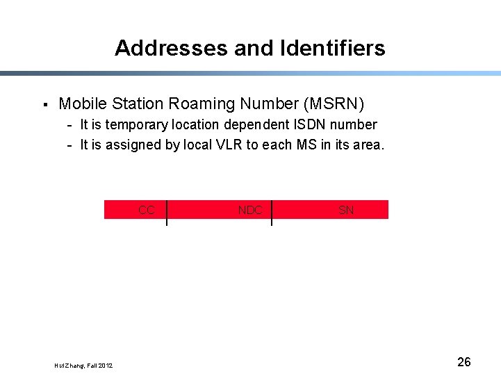 Addresses and Identifiers § Mobile Station Roaming Number (MSRN) - It is temporary location