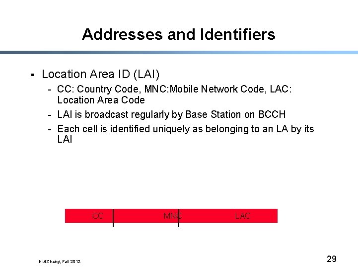 Addresses and Identifiers § Location Area ID (LAI) - CC: Country Code, MNC: Mobile