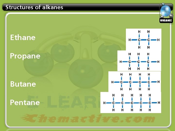 Structures of alkanes Ethane Propane Butane Pentane 