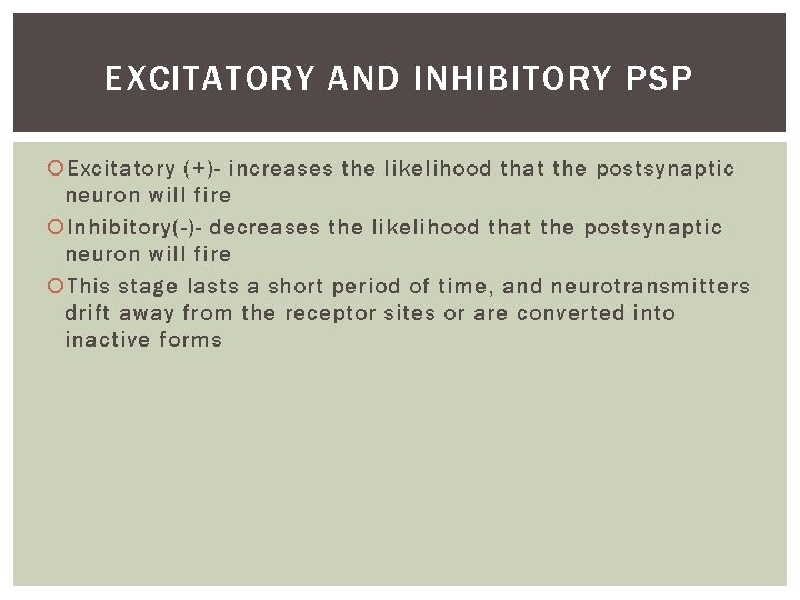 EXCITATORY AND INHIBITORY PSP Excitatory (+)- increases the likelihood that the postsynaptic neuron will
