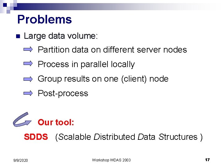 Problems n Large data volume: Partition data on different server nodes Process in parallel