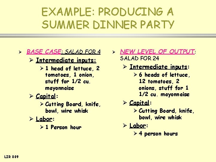 EXAMPLE: PRODUCING A SUMMER DINNER PARTY Ø BASE CASE: SALAD FOR 4 Ø Intermediate