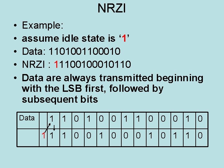NRZI • • • Example: assume idle state is ‘ 1’ Data: 1101001100010 NRZI