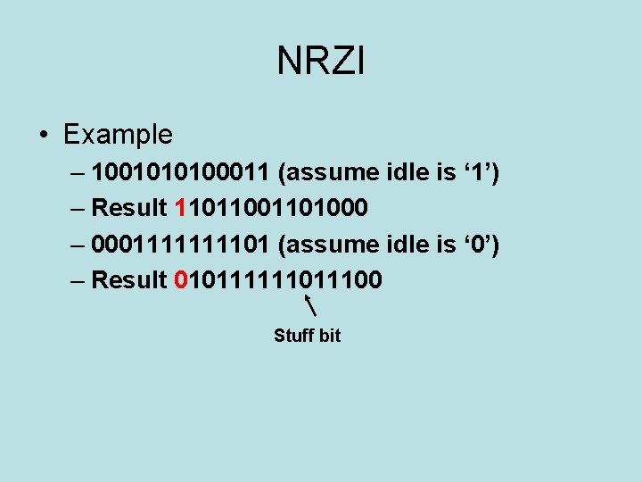 NRZI • Example – 1001010100011 (assume idle is ‘ 1’) – Result 1101101000 –