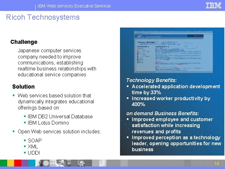 IBM Web services Executive Seminar Ricoh Technosystems Challenge Japanese computer services company needed to