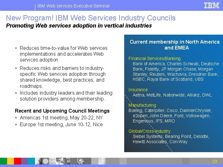 IBM Web services Executive Seminar New Program! IBM Web Services Industry Councils Promoting Web