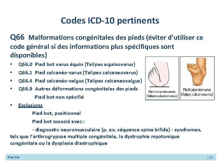 Codes ICD-10 pertinents Q 66 Malformations congénitales des pieds (éviter d’utiliser ce code général