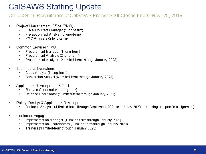 Cal. SAWS Staffing Update CIT 0084 -19 Recruitment of Cal. SAWS Project Staff Closed
