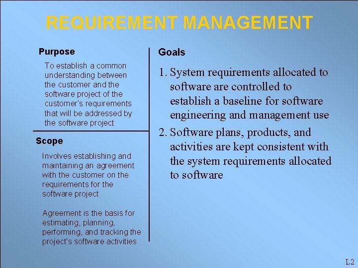 REQUIREMENT MANAGEMENT Purpose To establish a common understanding between the customer and the software