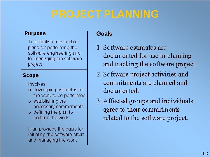 PROJECT PLANNING Purpose To establish reasonable plans for performing the software engineering and for