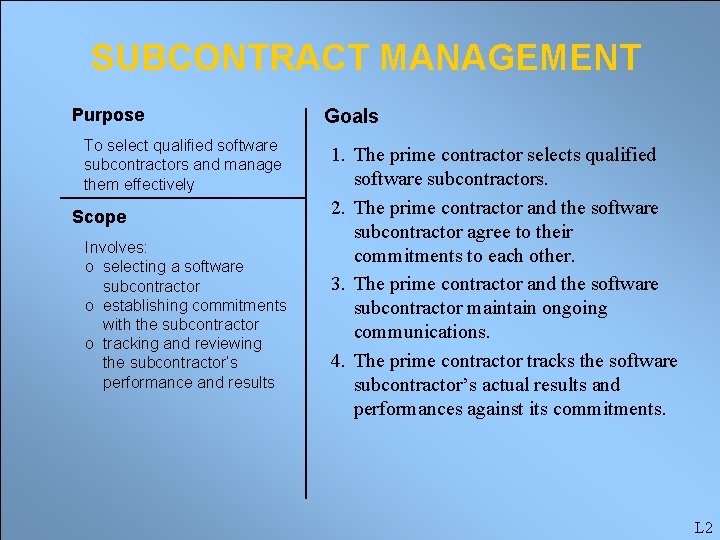SUBCONTRACT MANAGEMENT Purpose To select qualified software subcontractors and manage them effectively Scope Involves: