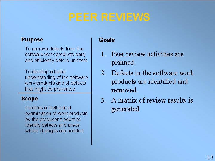 PEER REVIEWS Purpose To remove defects from the software work products early and efficiently