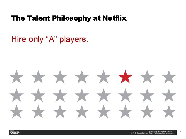 The Talent Philosophy at Netflix Hire only “A” players. 5 