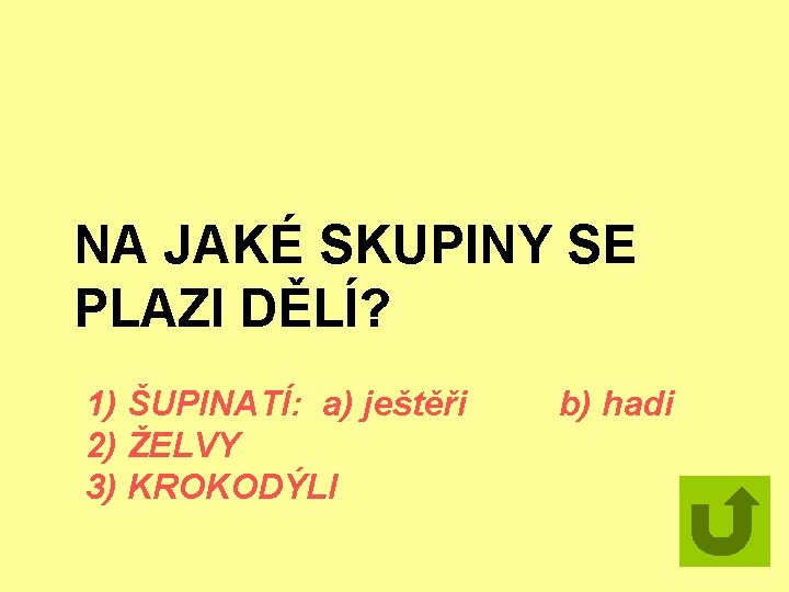 NA JAKÉ SKUPINY SE PLAZI DĚLÍ? 1) ŠUPINATÍ: a) ještěři 2) ŽELVY 3) KROKODÝLI