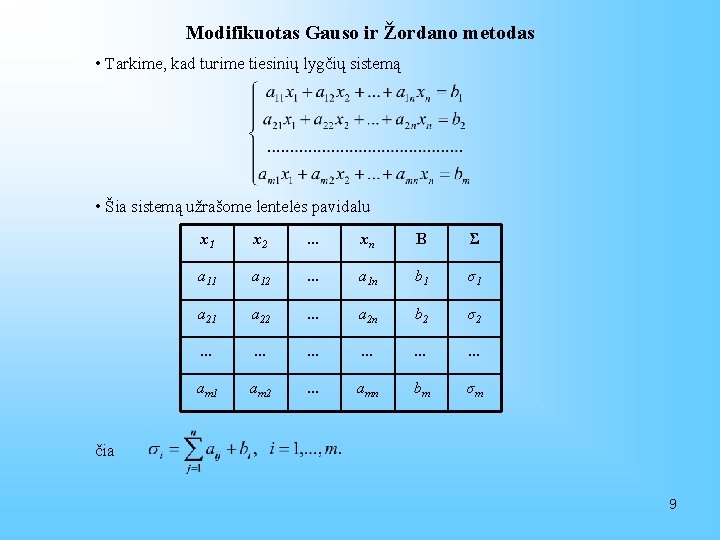 Modifikuotas Gauso ir Žordano metodas • Tarkime, kad turime tiesinių lygčių sistemą • Šia