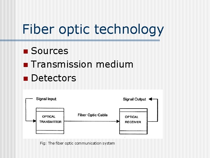 Fiber optic technology Sources n Transmission medium n Detectors n Fig: The fiber optic
