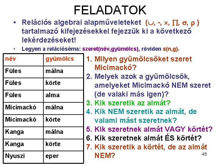 FELADATOK • Relációs algebrai alapműveleteket ( , -, , ) tartalmazó kifejezésekkel fejezzük ki