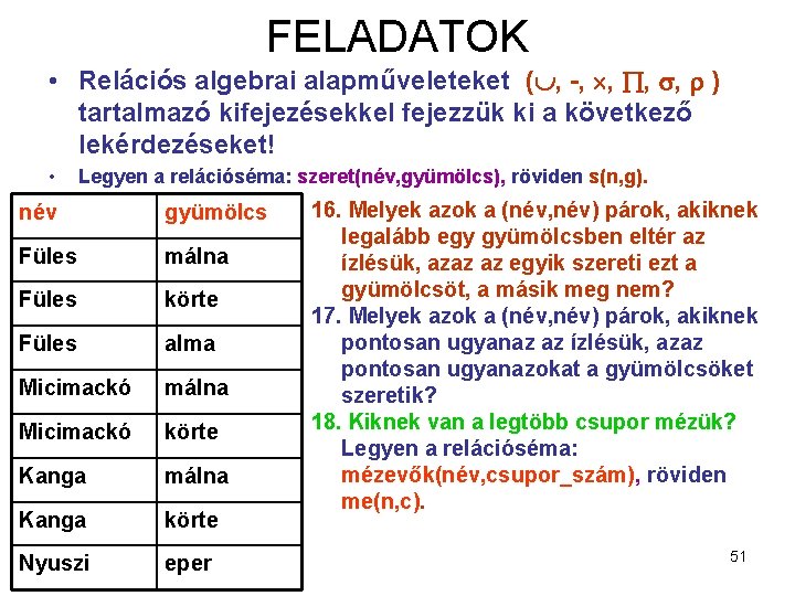 FELADATOK • Relációs algebrai alapműveleteket ( , -, , ) tartalmazó kifejezésekkel fejezzük ki