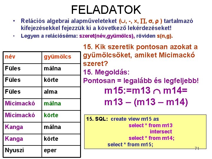 FELADATOK • Relációs algebrai alapműveleteket ( , -, , ) tartalmazó kifejezésekkel fejezzük ki