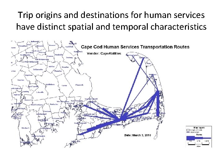 Trip origins and destinations for human services have distinct spatial and temporal characteristics 