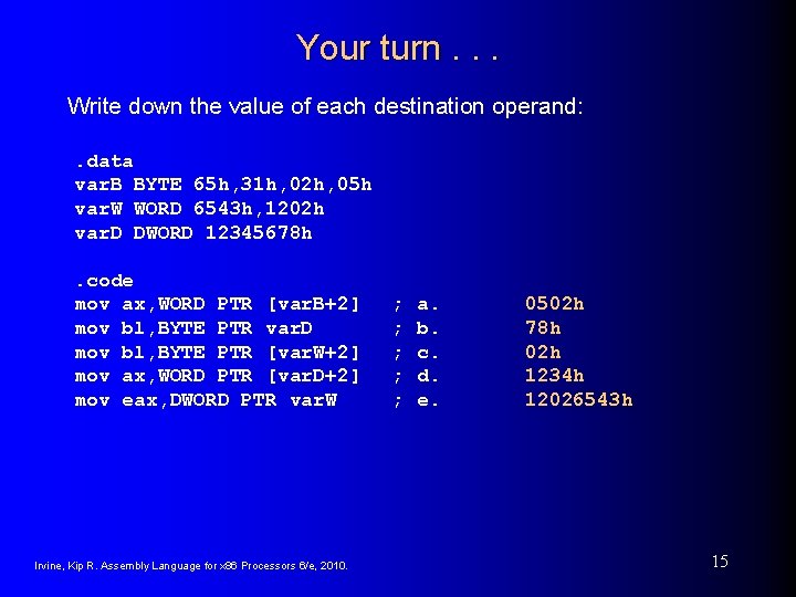 Your turn. . . Write down the value of each destination operand: . data