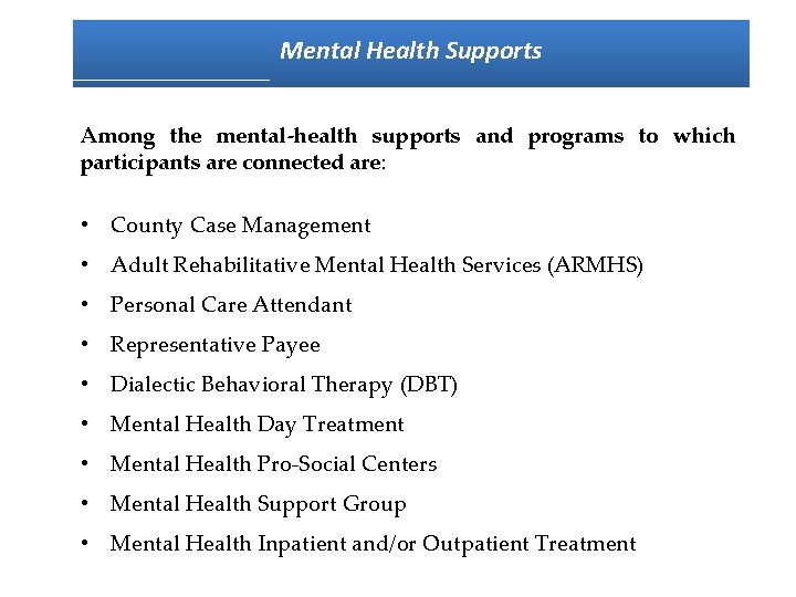 Mental Health Supports Among the mental-health supports and programs to which participants are connected