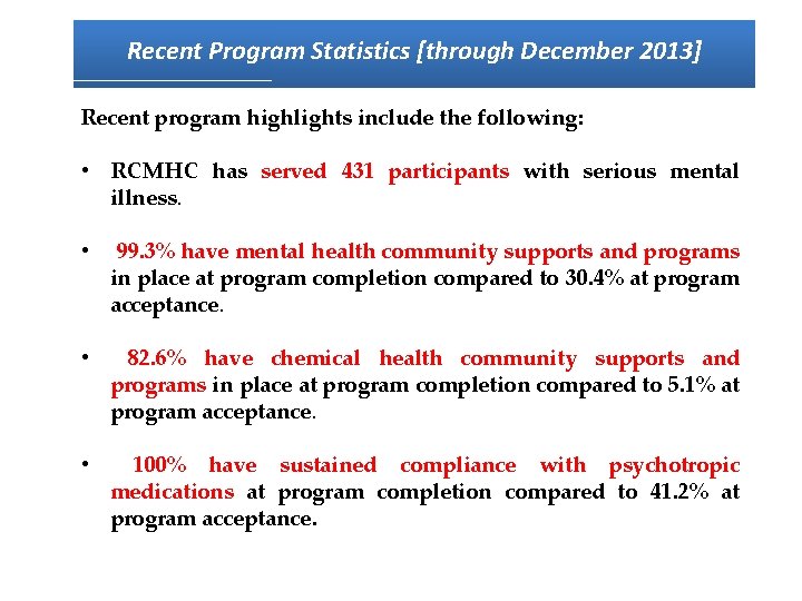 Recent Program Statistics [through December 2013] Recent program highlights include the following: • RCMHC