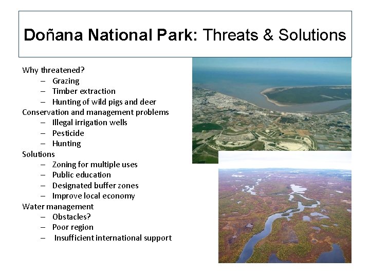 Doñana National Park: Threats & Solutions Why threatened? – Grazing – Timber extraction –