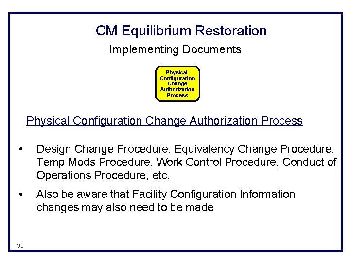 CM Equilibrium Restoration Implementing Documents Physical Configuration Change Authorization Process • Design Change Procedure,