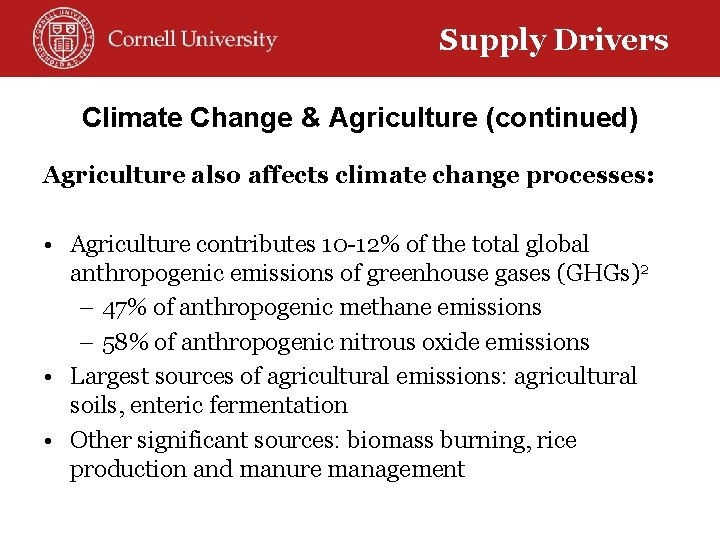 Supply Drivers Climate Change & Agriculture (continued) Agriculture also affects climate change processes: •