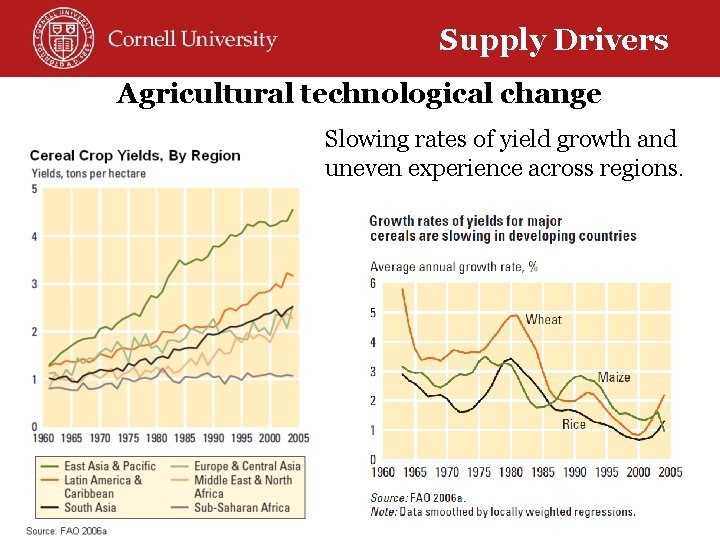 Supply Drivers Agricultural technological change Slowing rates of yield growth and uneven experience across