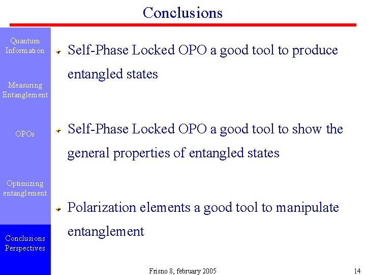 Conclusions Quantum Information Measuring Entanglement OPOs Self-Phase Locked OPO a good tool to produce