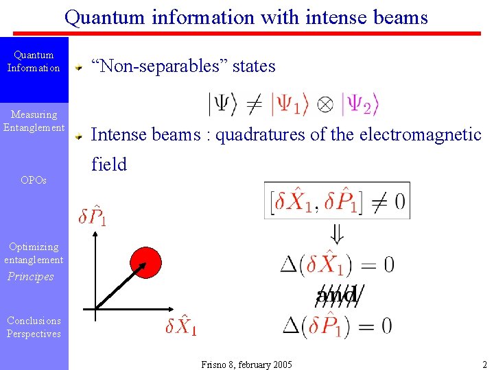 Quantum information with intense beams Quantum Information Measuring Entanglement OPOs “Non-separables” states Intense beams