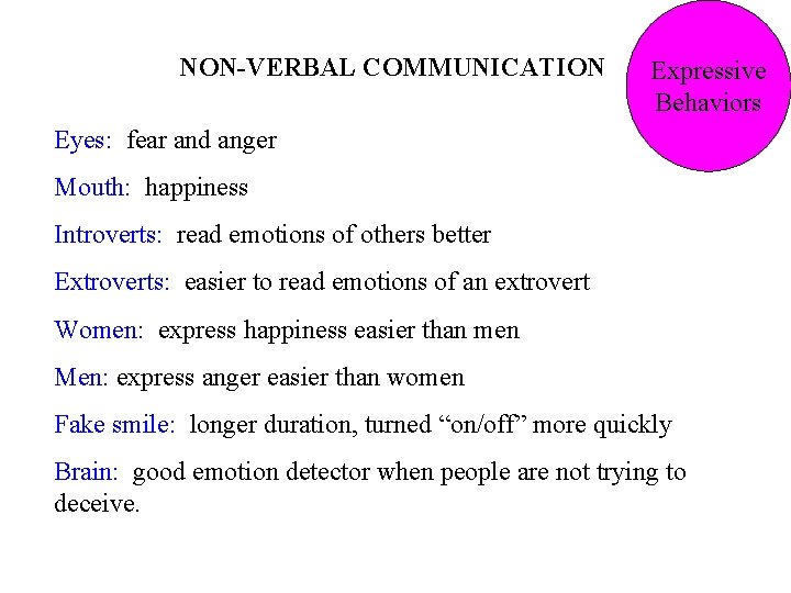 NON-VERBAL COMMUNICATION Expressive Behaviors Eyes: fear and anger Mouth: happiness Introverts: read emotions of