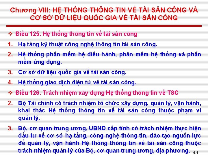 Chương VIII: HỆ THỐNG THÔNG TIN VỀ TÀI SẢN CÔNG VÀ CƠ SỞ DỮ