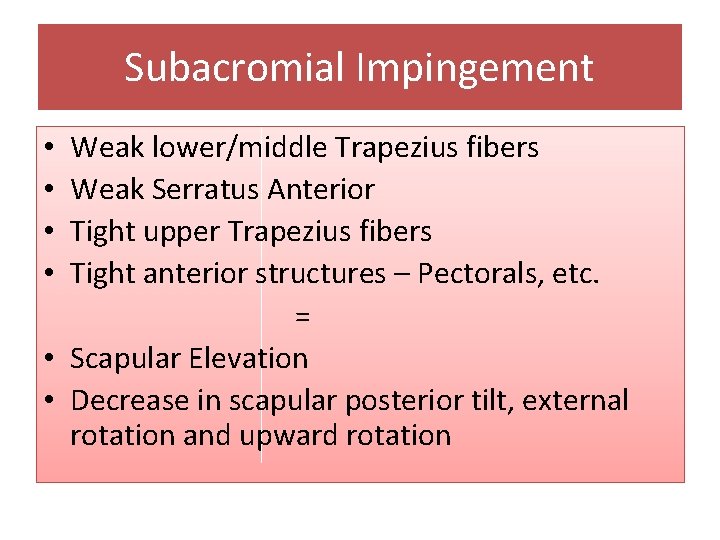 Subacromial Impingement Weak lower/middle Trapezius fibers Weak Serratus Anterior Tight upper Trapezius fibers Tight